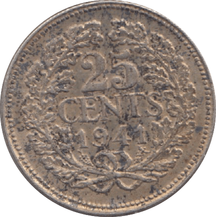 1941 NETHERLANDS SILVER 25 CENTS - WORLD SILVER COINS - Cambridgeshire Coins