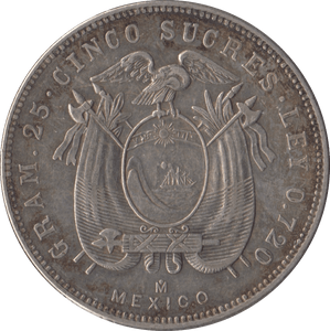 1943 SILVER 5 SUCRES ECUADOR REPUBLIC - SILVER WORLD COINS - Cambridgeshire Coins