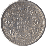1943 SILVER INDIA 1/4 RUPEE - SILVER WORLD COINS - Cambridgeshire Coins
