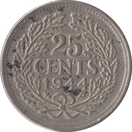 1944 SILVER 25 CENTS NETHERLANDS - SILVER WORLD COINS - Cambridgeshire Coins