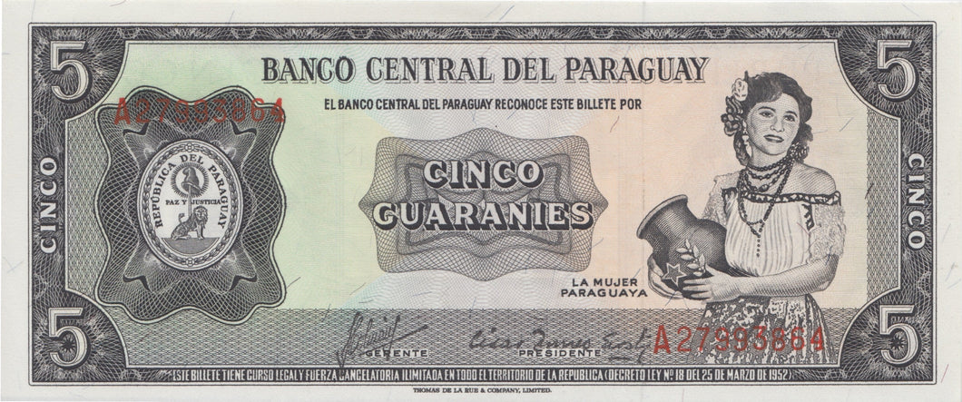 1952 5 GUARAINES BANKNOTE PARAGUAY REF 1065 - World Banknotes - Cambridgeshire Coins