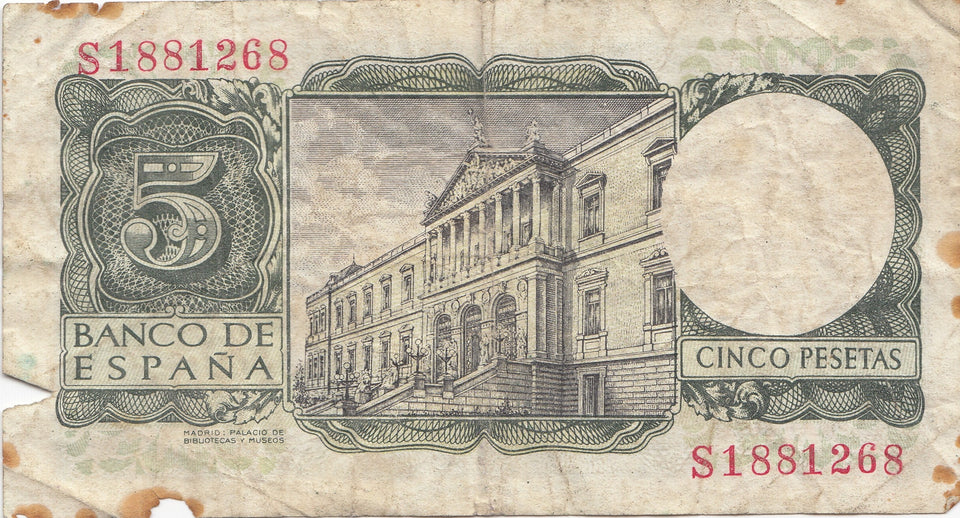 1954 5 PESETAS BANKNOTE SPAIN REF 928 - World Banknotes - Cambridgeshire Coins