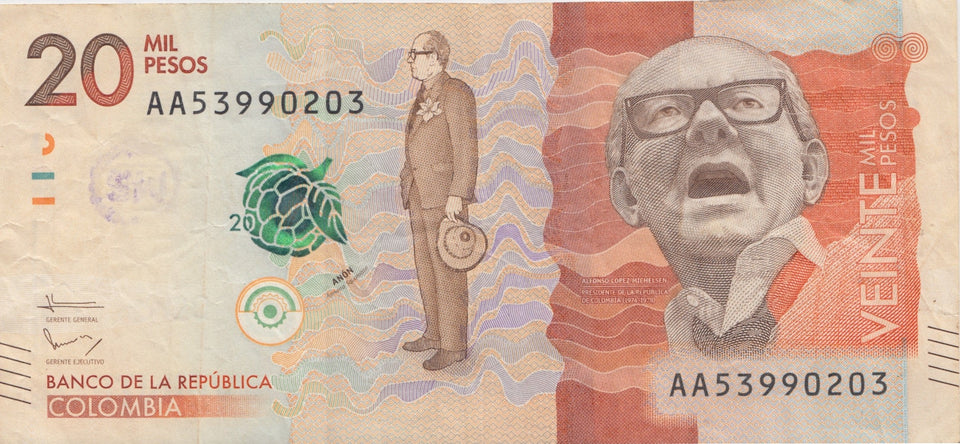 1973 20 PESOS BANKNOTE COLOMBIA REF 690 - World Banknotes - Cambridgeshire Coins