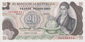 1983 20 PESOS BANKNOTE COLOMBIA REF 691 - World Banknotes - Cambridgeshire Coins