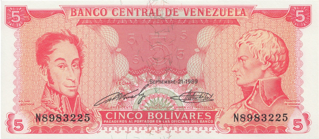 1989 5 BOLIVARES BANKNOTE VENEZUELA REF 1004 - World Banknotes - Cambridgeshire Coins