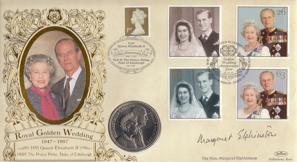 1997 ROYAL GOLDEN WEDDING £5 COIN COVER SIGNED BY MARGARET ELPHINSTONE REF CC64 - coin covers - Cambridgeshire Coins