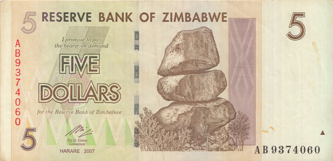 2007 BANK OF ZIMBABWE 5 DOLLARS BANKNOTE REF 1319 - World Banknotes - Cambridgeshire Coins