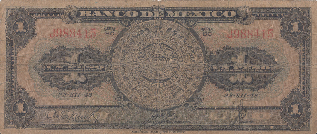 1 PESO BANCO DE MEXICO MEXICAN BANKNOTE 1948 REF 426