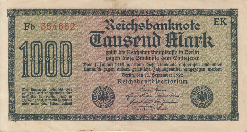 1000 REICHSMARK GERMAN BANKNOTE REF 214