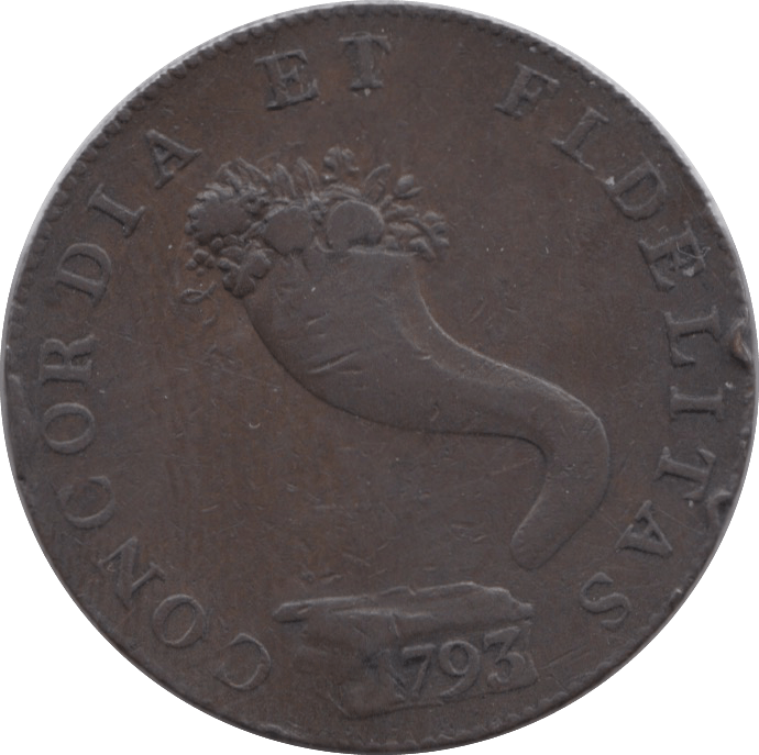 1793 HALFPENNY TOKEN INVERNESS-SHIRE CORNUCOPIA ROASE & FLOWERS ( REF 234 )