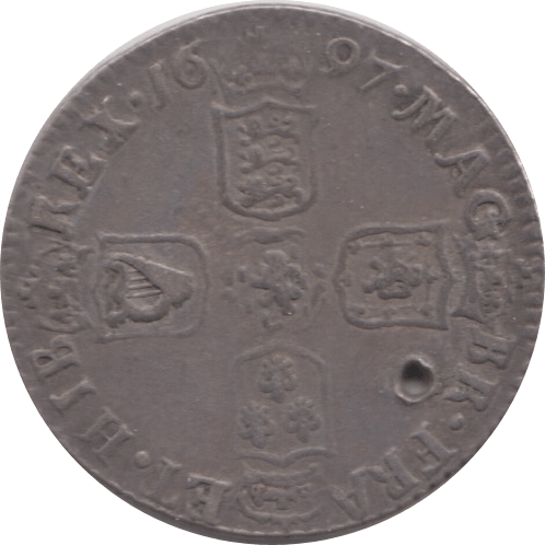 1697 SIXPENCE HOLED ( VF )