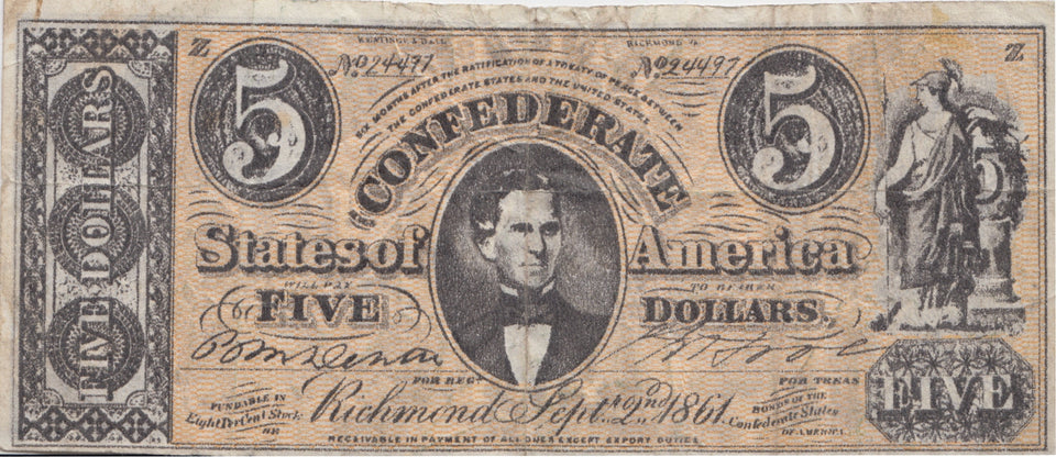 CONFEDERATE FIVE DOLLARS BANKNOTE REF 1565 - World Banknotes - Cambridgeshire Coins